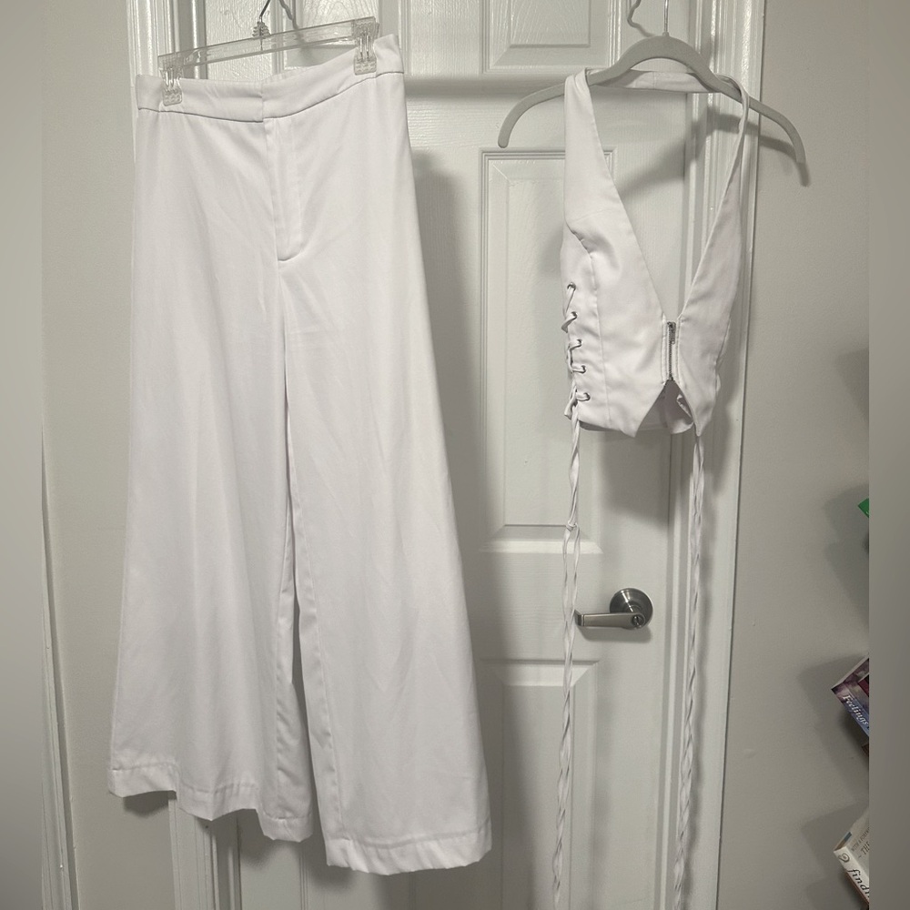 White Two-Piece Set with Lace-Up Top